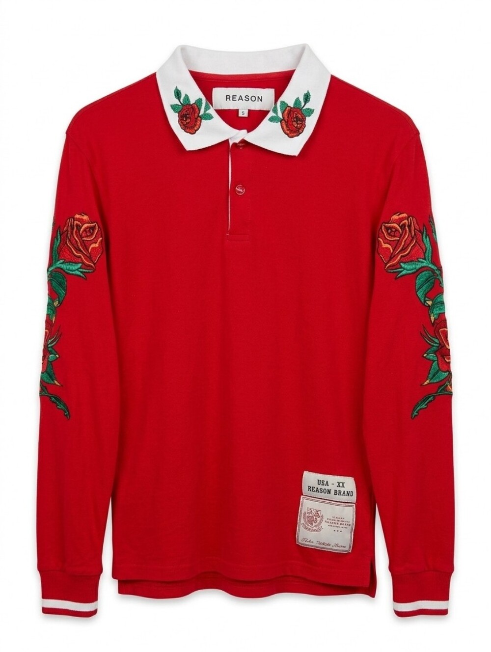 Reason Red Long-Sleeve Polo with Rose Embroidery and White Collar Sz Small